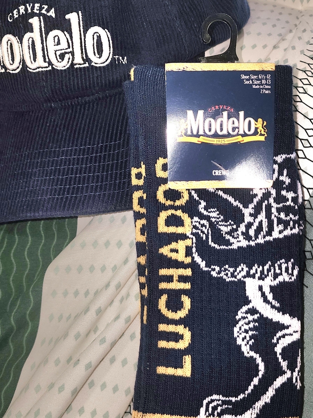 Modelo Cerveza  Navy Crew Socks with Gold Accents & Hat NWT